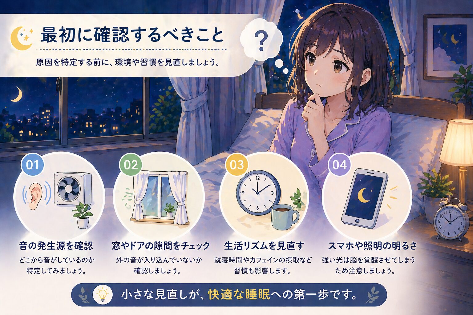 音がうるさくて眠れない時に最初に確認するべきことを解説したイラスト。音源確認や窓の隙間、生活習慣の見直しを紹介