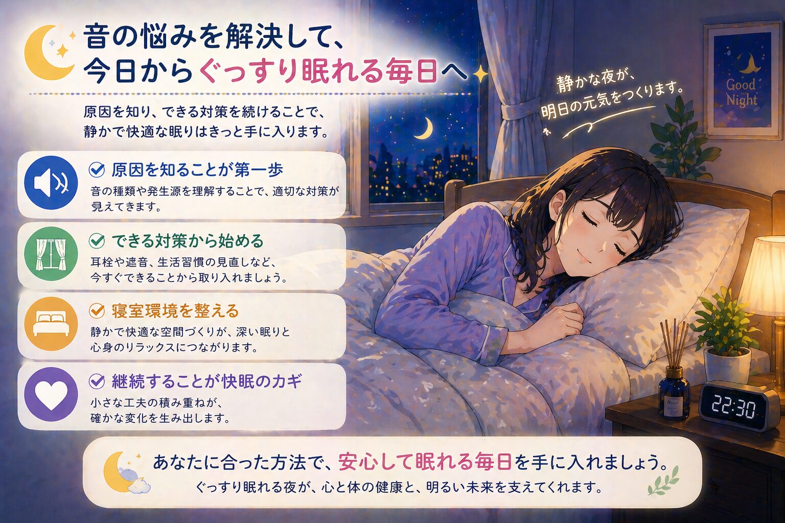 音がうるさくて眠れない悩みが改善し、安心して眠る女性のイラスト。快眠できる寝室環境のイメージ