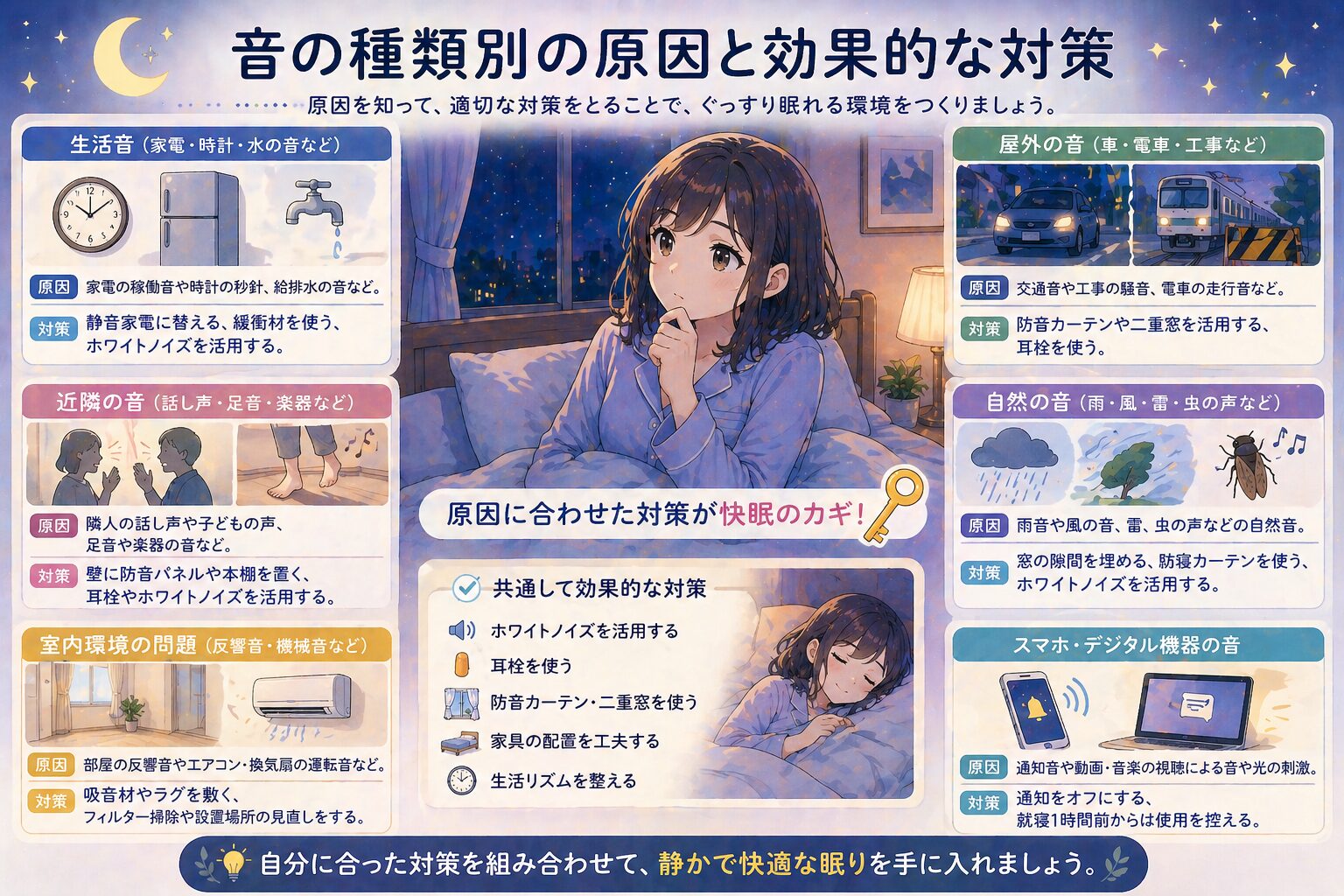 音がうるさくて眠れない時の種類別原因と対策をまとめた図解イラスト。生活音、屋外音、近隣騒音、自然音などを解説