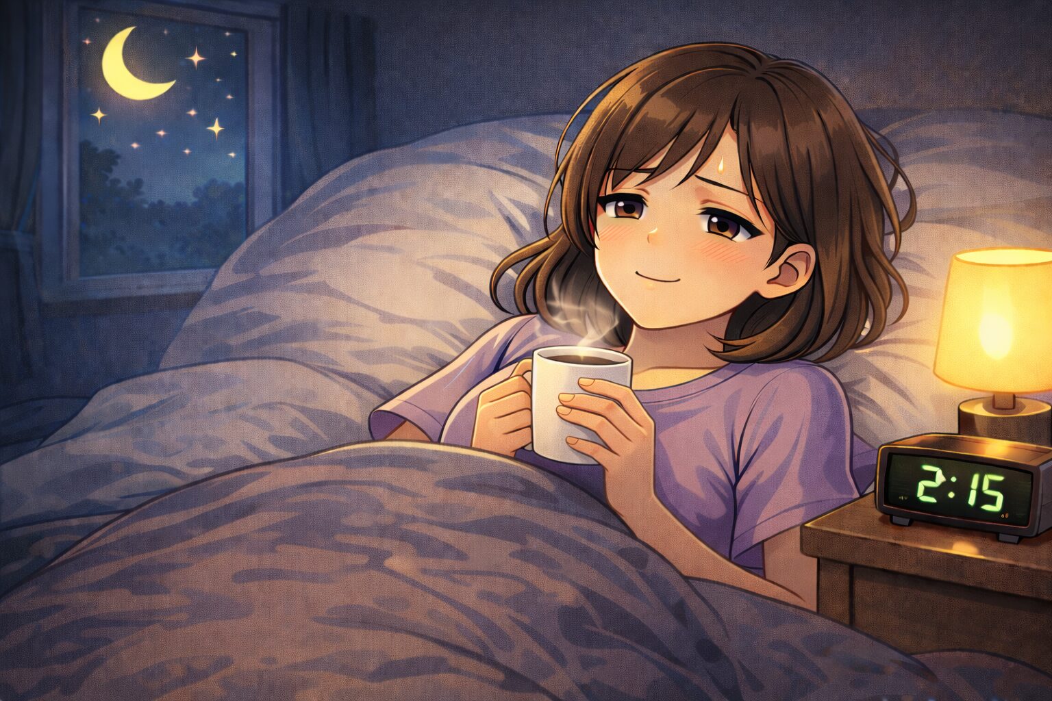 夜にリラックスして眠ろうとする女性のイメージ(不眠対処・リラックス習慣)