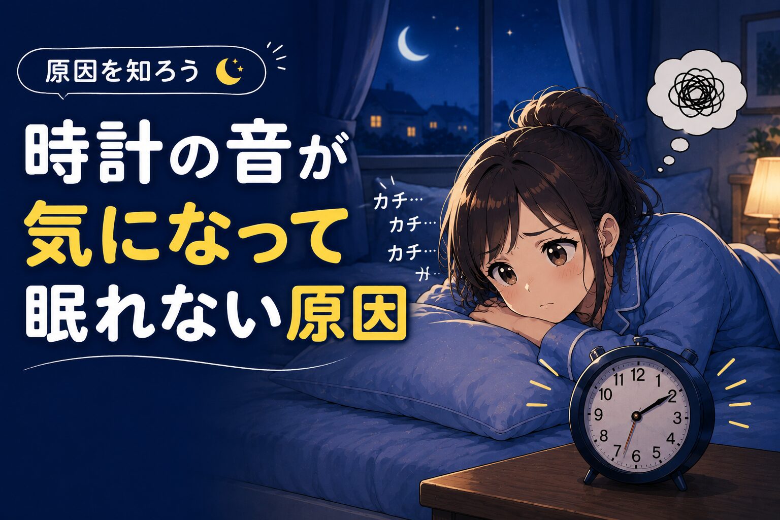 時計の音が気になって眠れない原因をイメージしたイラスト