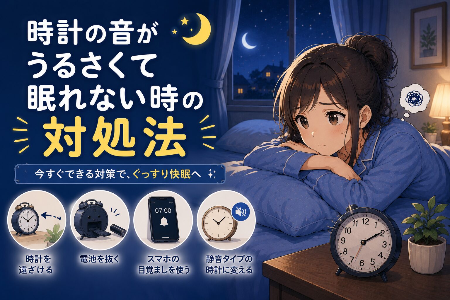 時計の音がうるさくて眠れない時の対処法をイメージしたイラスト