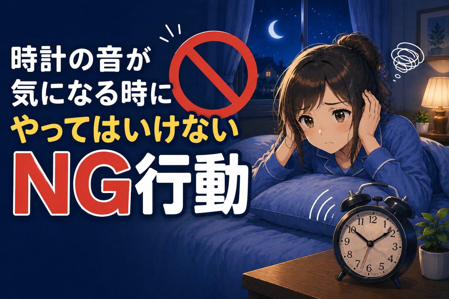 時計の音で眠れない時にやってはいけないNG行動をイメージしたイラスト