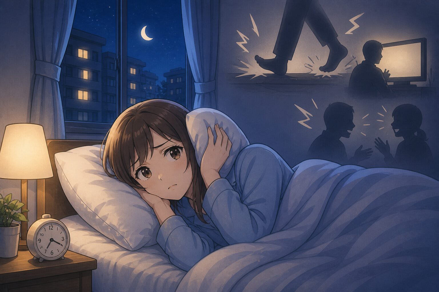 隣人の騒音で眠れず悩んでいる様子
