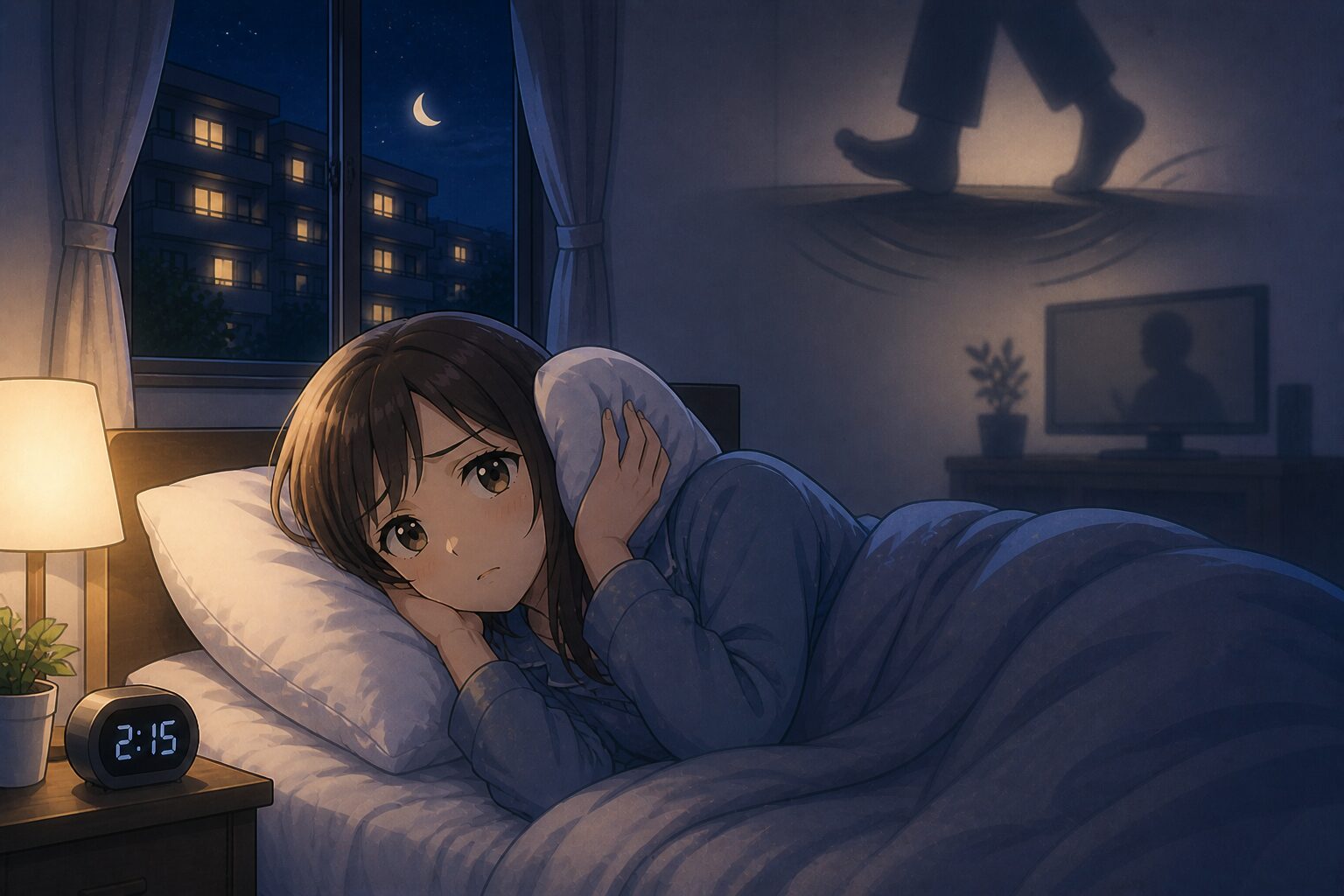 隣人の騒音で眠れず悩んでいる様子