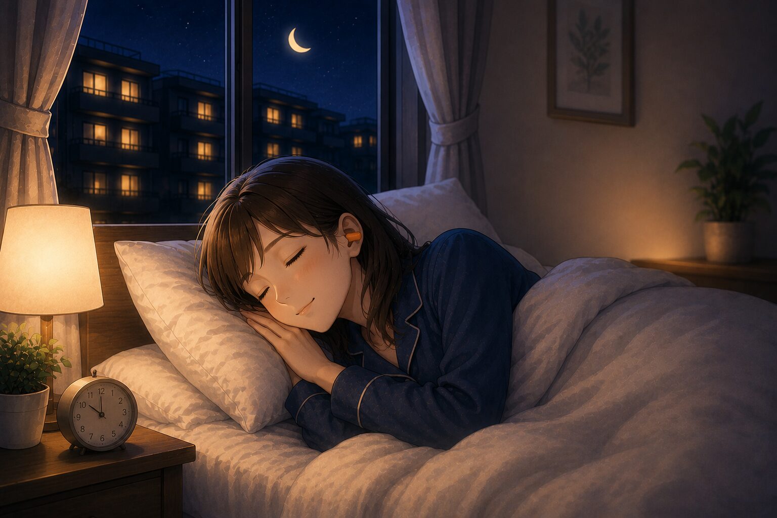 隣人の騒音対策として耳栓を使い安心して眠れている様子