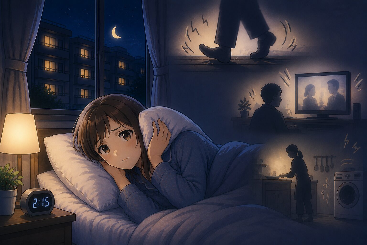 夜に隣人の足音やテレビ音、生活音が気になって眠れない様子