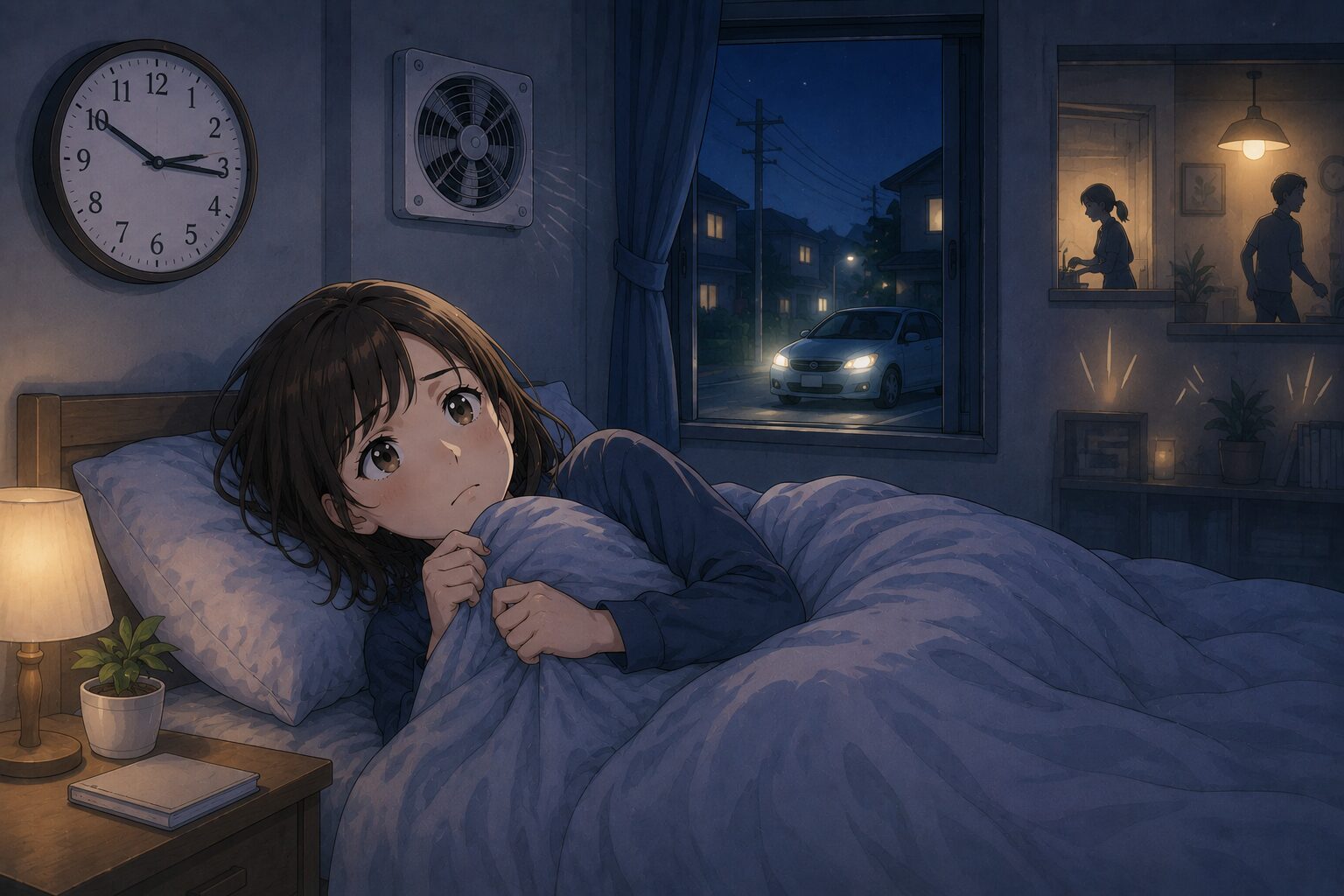 音がうるさくて眠れない原因をイメージした夜の寝室の画像