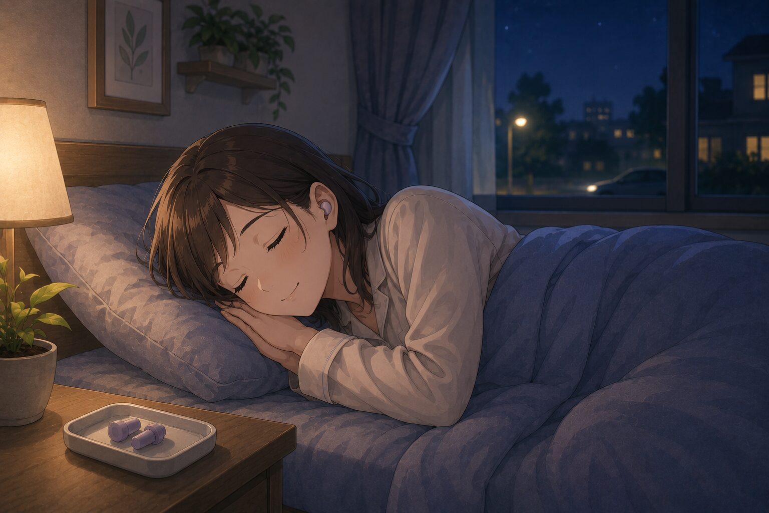 睡眠時の耳栓対策をイメージした横向きで眠る人物の画像