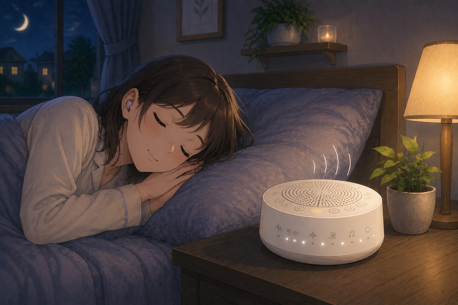 ホワイトノイズマシンで騒音対策をしながら眠るイメージ画像