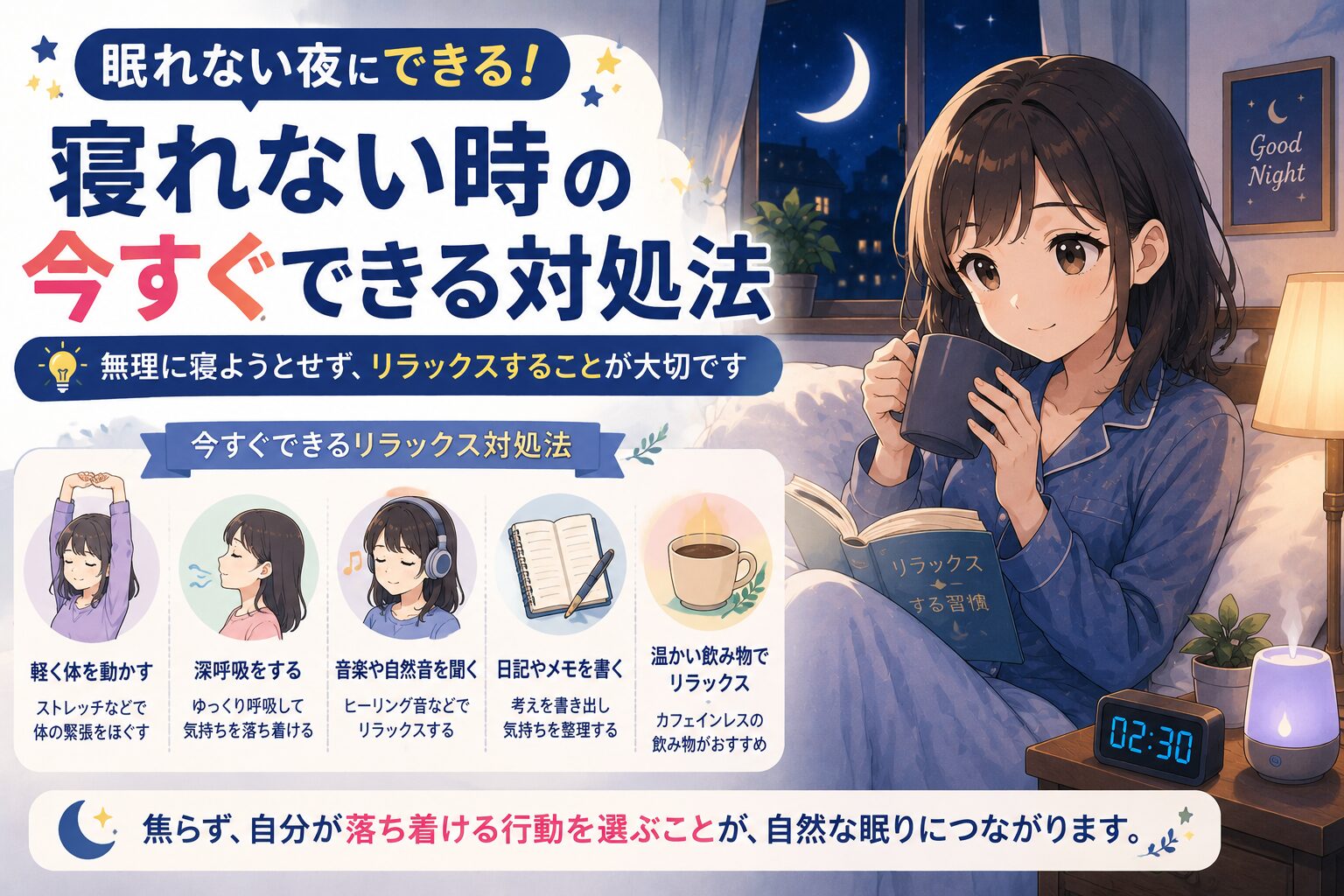寝れない時に今すぐできる対処法とリラックス方法のイメージ