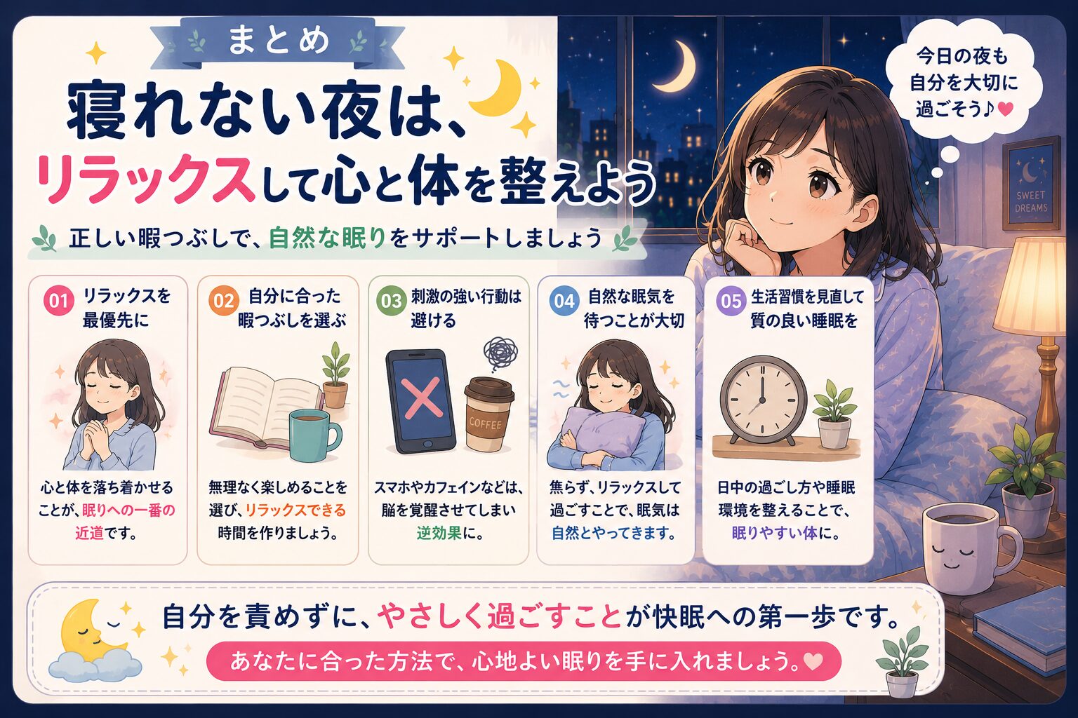 寝れない夜の過ごし方まとめとリラックス方法のイメージ