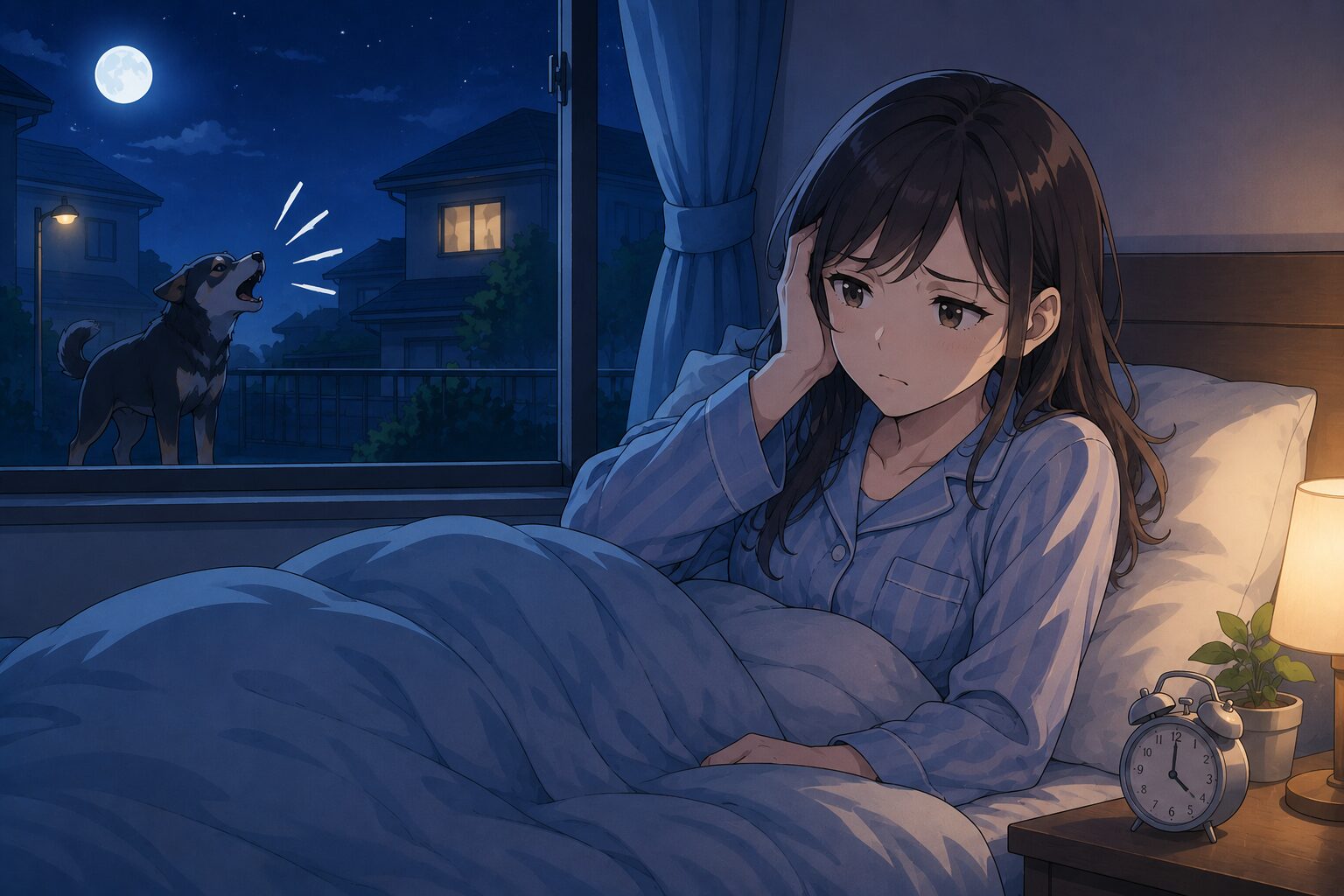 夜中に犬の鳴き声がうるさくて眠れず困っている女性の様子