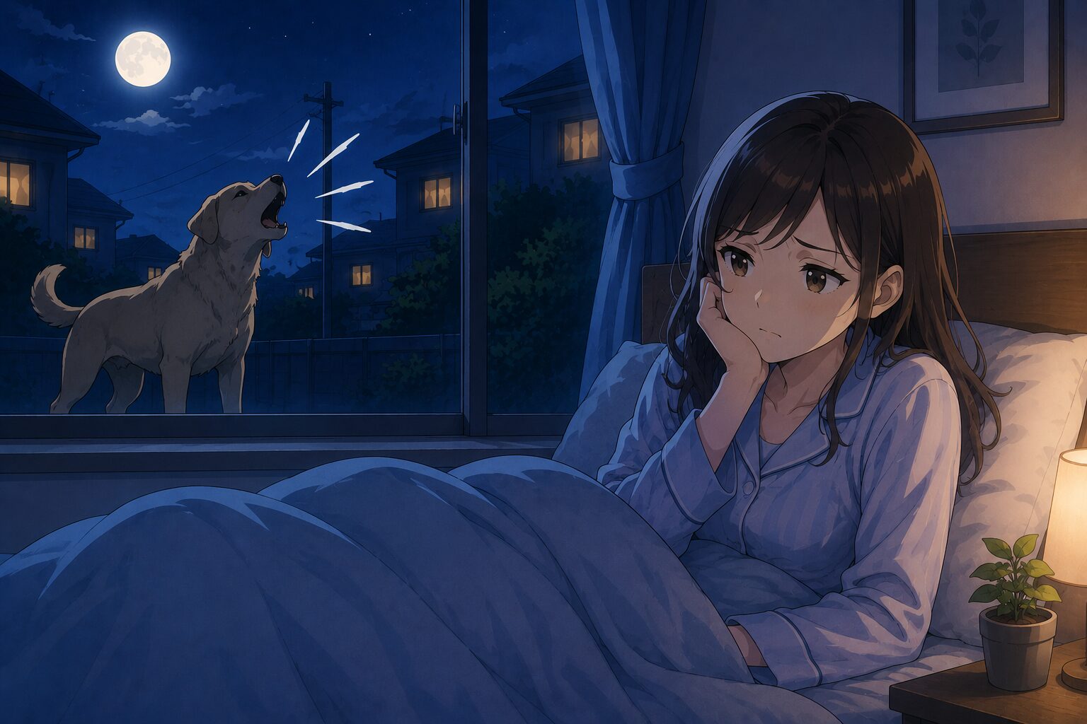 夜中に犬が吠えている音が原因で眠れず悩んでいる女性の様子