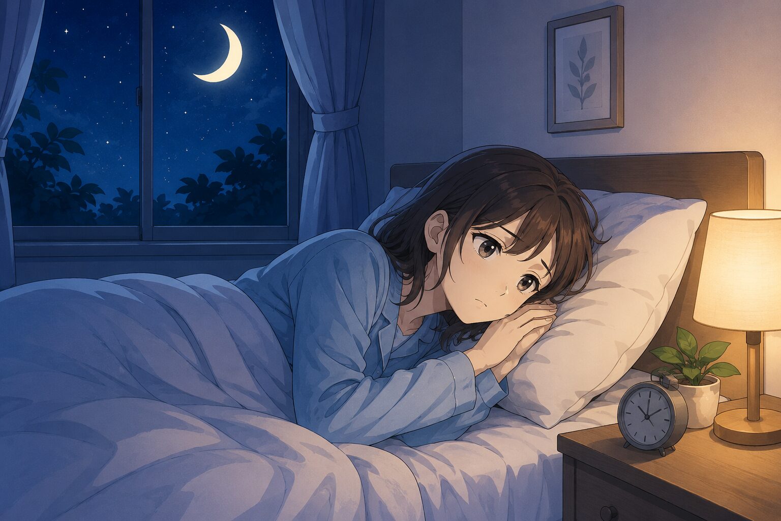 夜中に目が覚めて眠れない女性のイラスト（途中覚醒のイメージ）