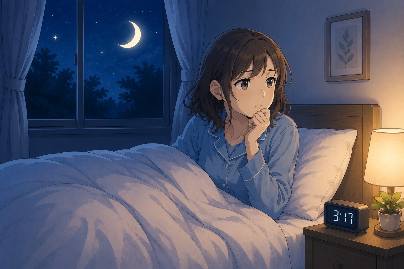 夜中に目が覚めて眠れない女性の様子（途中覚醒のイメージ）