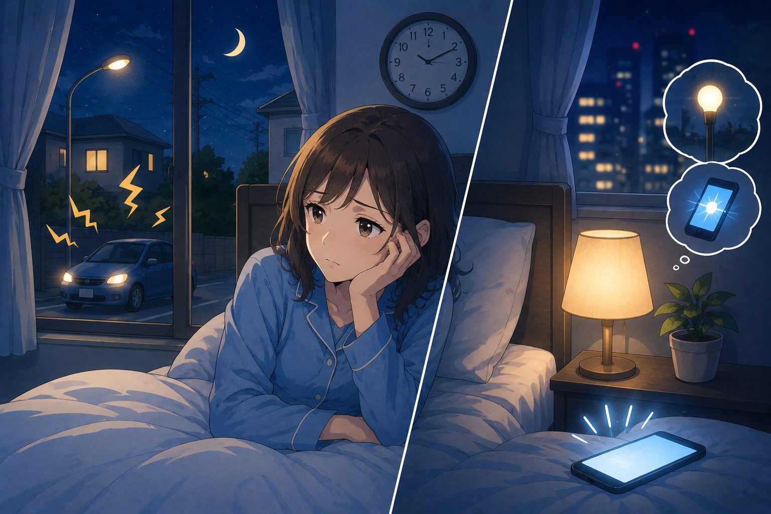 夜中に目が覚める原因となる音と光のイメージ（騒音とスマホの光）