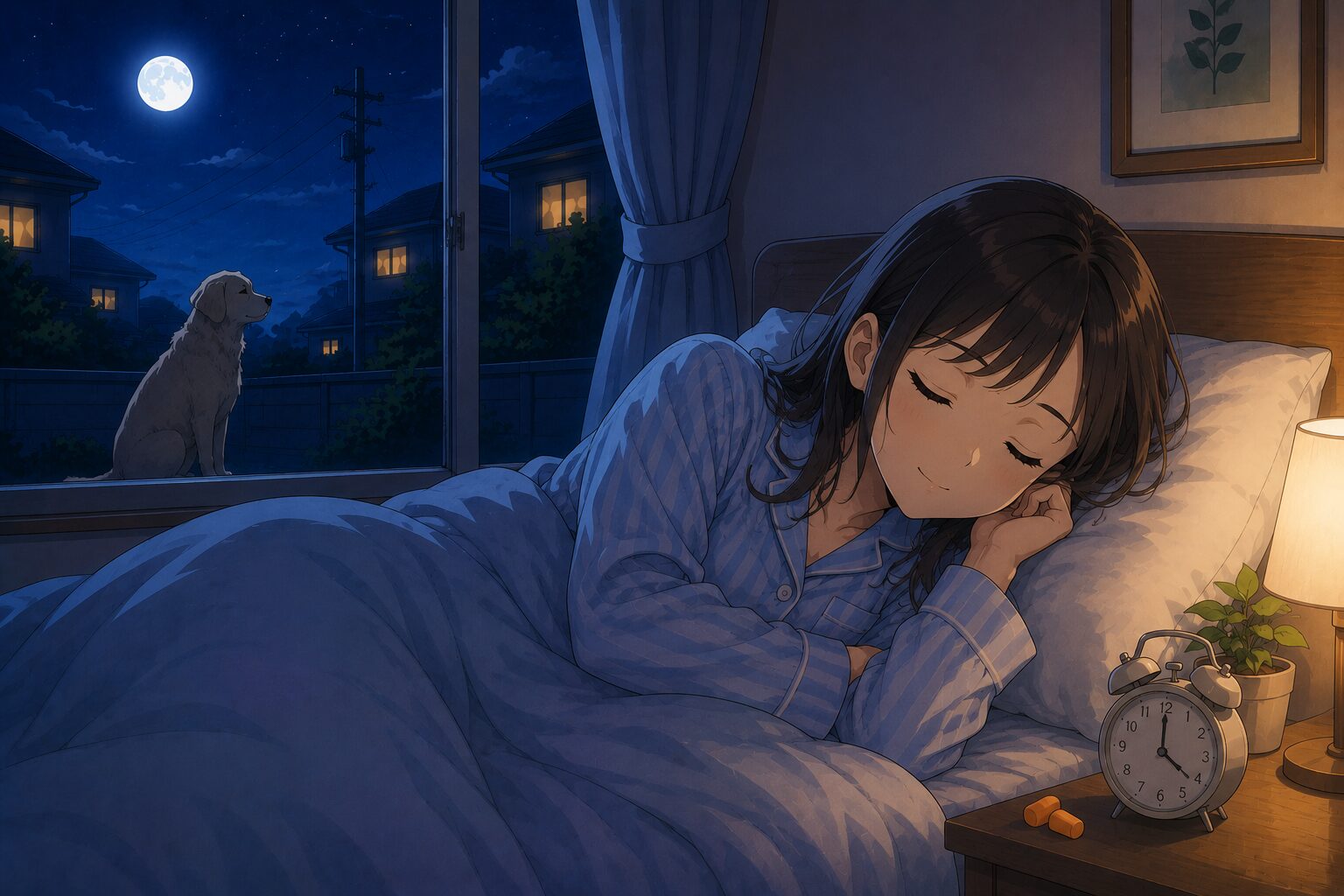 犬の鳴き声対策をしてぐっすり眠れている女性の様子
