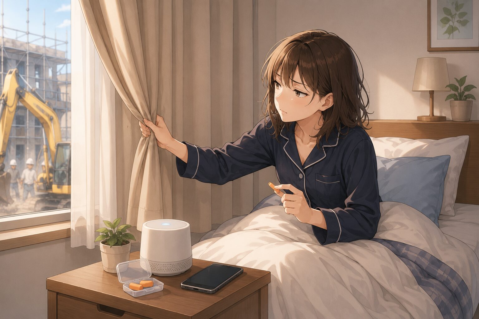 工事の音がうるさくて眠れない時に耳栓やカーテンで対策する女性
