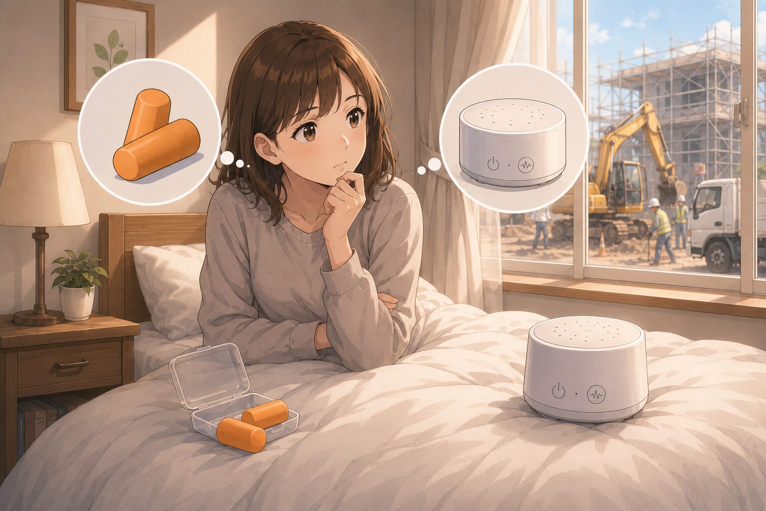 工事の音対策として耳栓とホワイトノイズを検討する女性のアニメ風イラスト