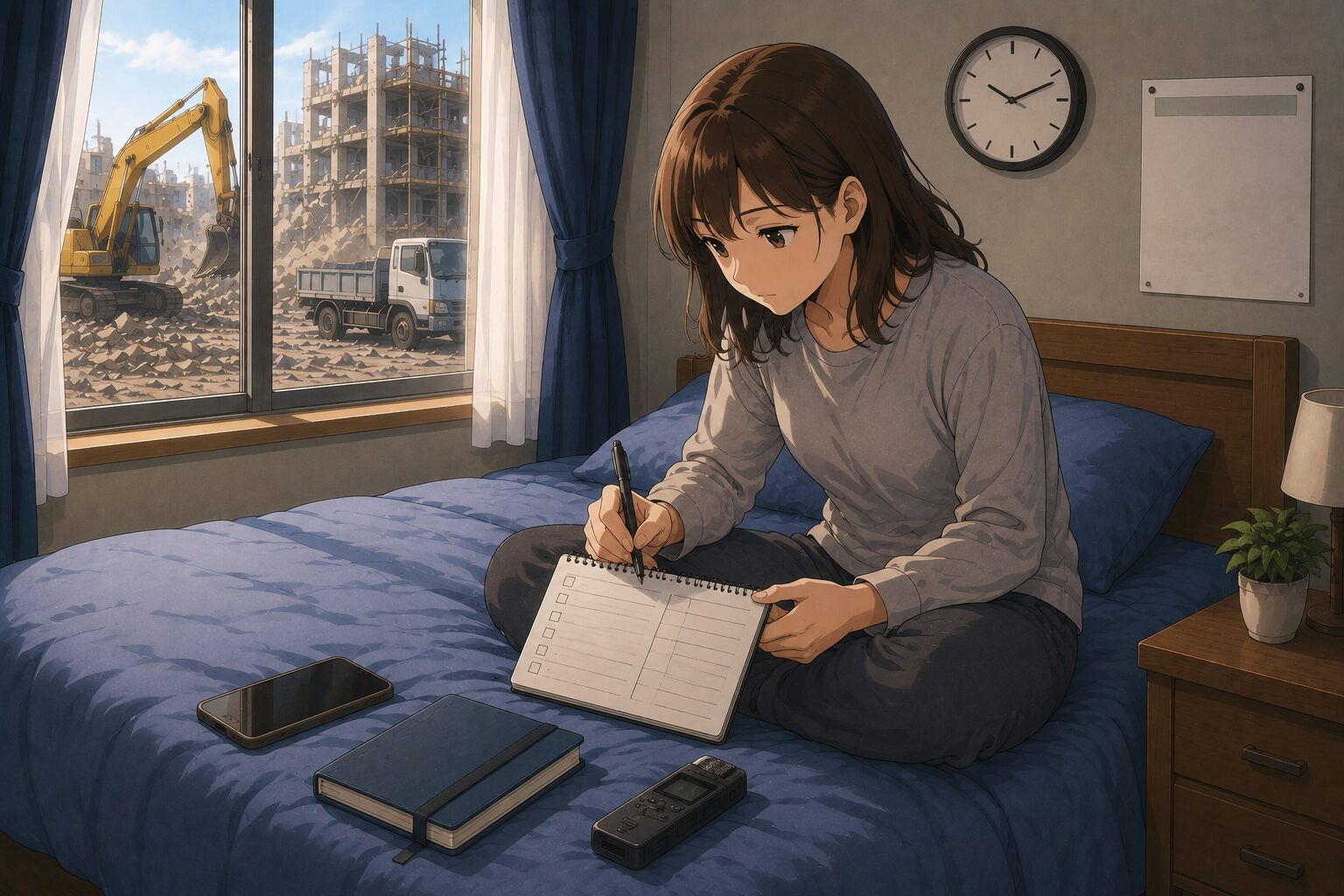 工事騒音の日時や音の種類をノートに記録する女性のイラスト