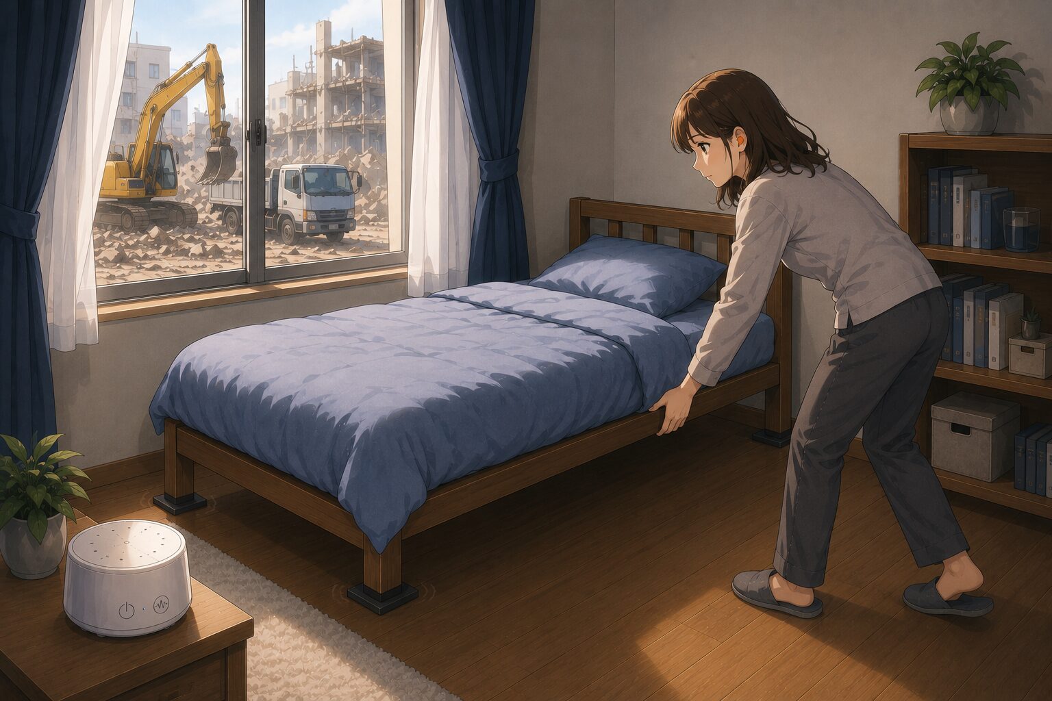 工事の振動対策としてベッドを壁から離す女性のイラスト