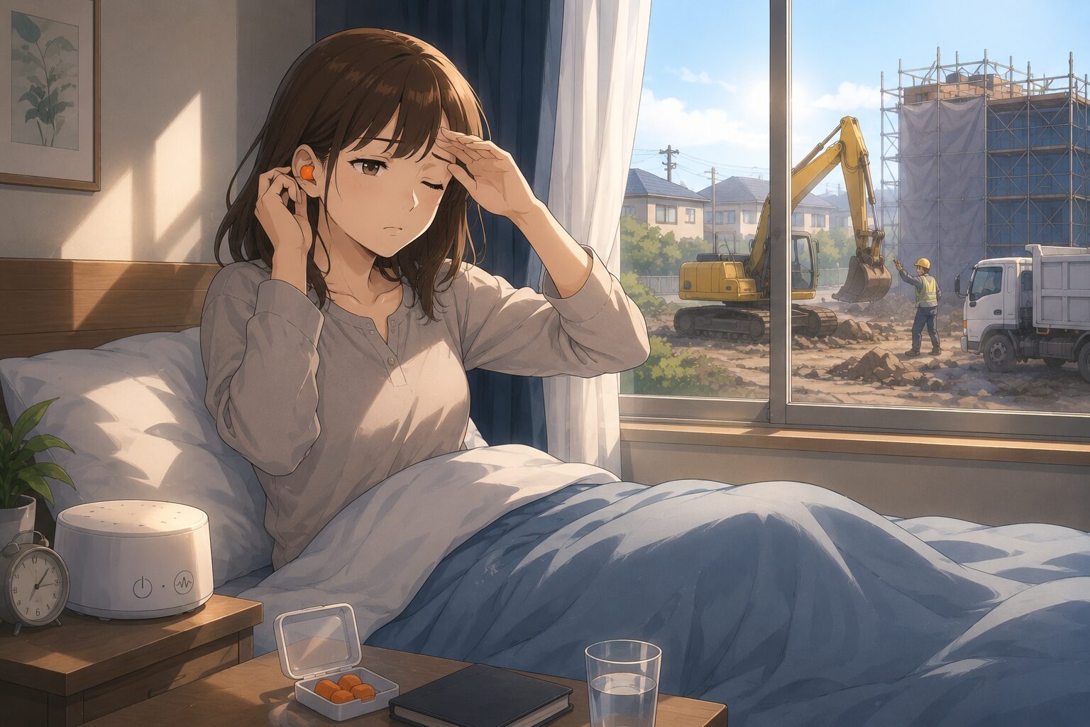 朝から始まった工事の音で目が覚めて耳栓を使う女性のイラスト
