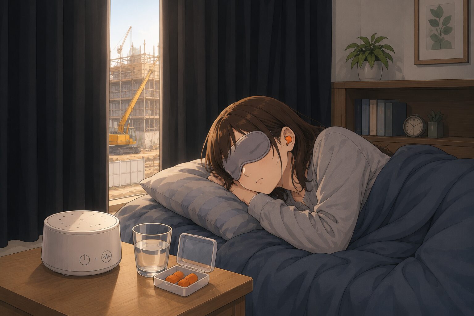 夜勤明けに耳栓やアイマスクを使って工事音を避けながら眠る女性