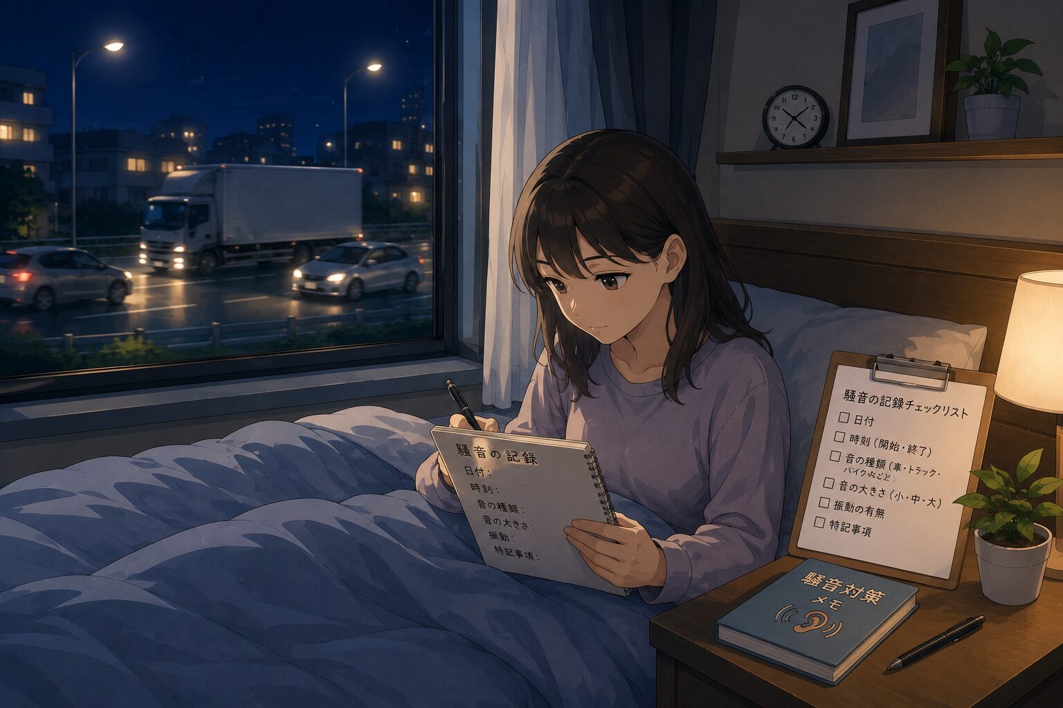 夜中の車やトラックの騒音について寝室で日時や状況を記録する女性