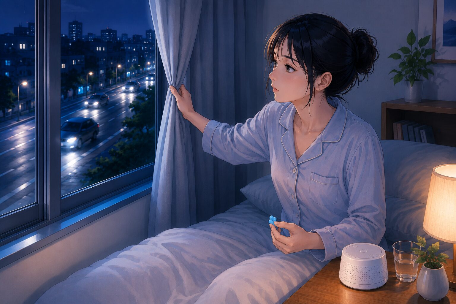 夜中の車の音を気にしながら耳栓とホワイトノイズを準備する女性