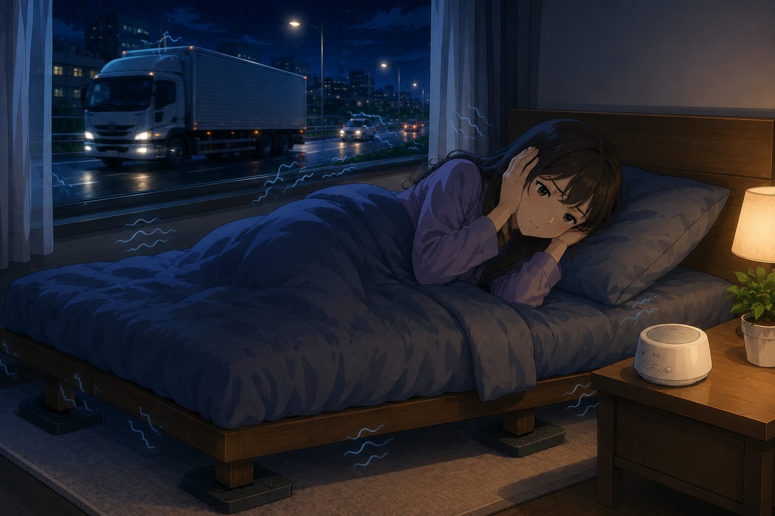 夜中の大型トラックの低音や振動が寝室まで伝わり眠れない女性